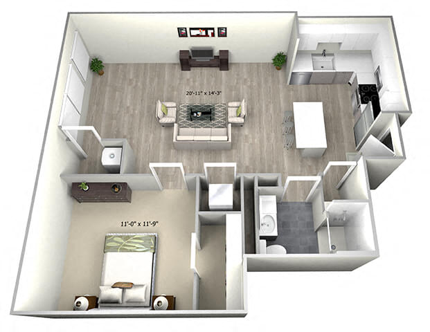 Floor plan for 1 bed, 1 bath, 689 sqft